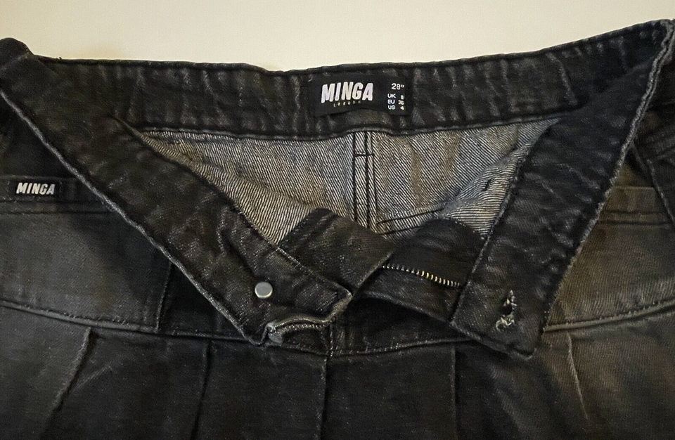 MINGA London US Size 4 / 28 NYA Black Denim Y2k Pleated Mini Skirt eBay