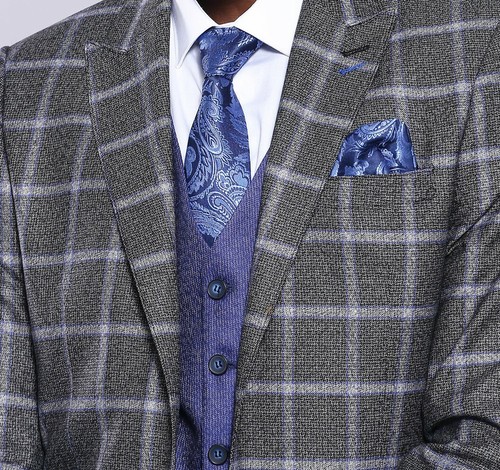 MEN'S 3-PIECE SUIT 48 MEDIUM BLUE GREY CHECKED JACKET, PLAIN PANTS, NAVY VEST - Picture 10 of 10
