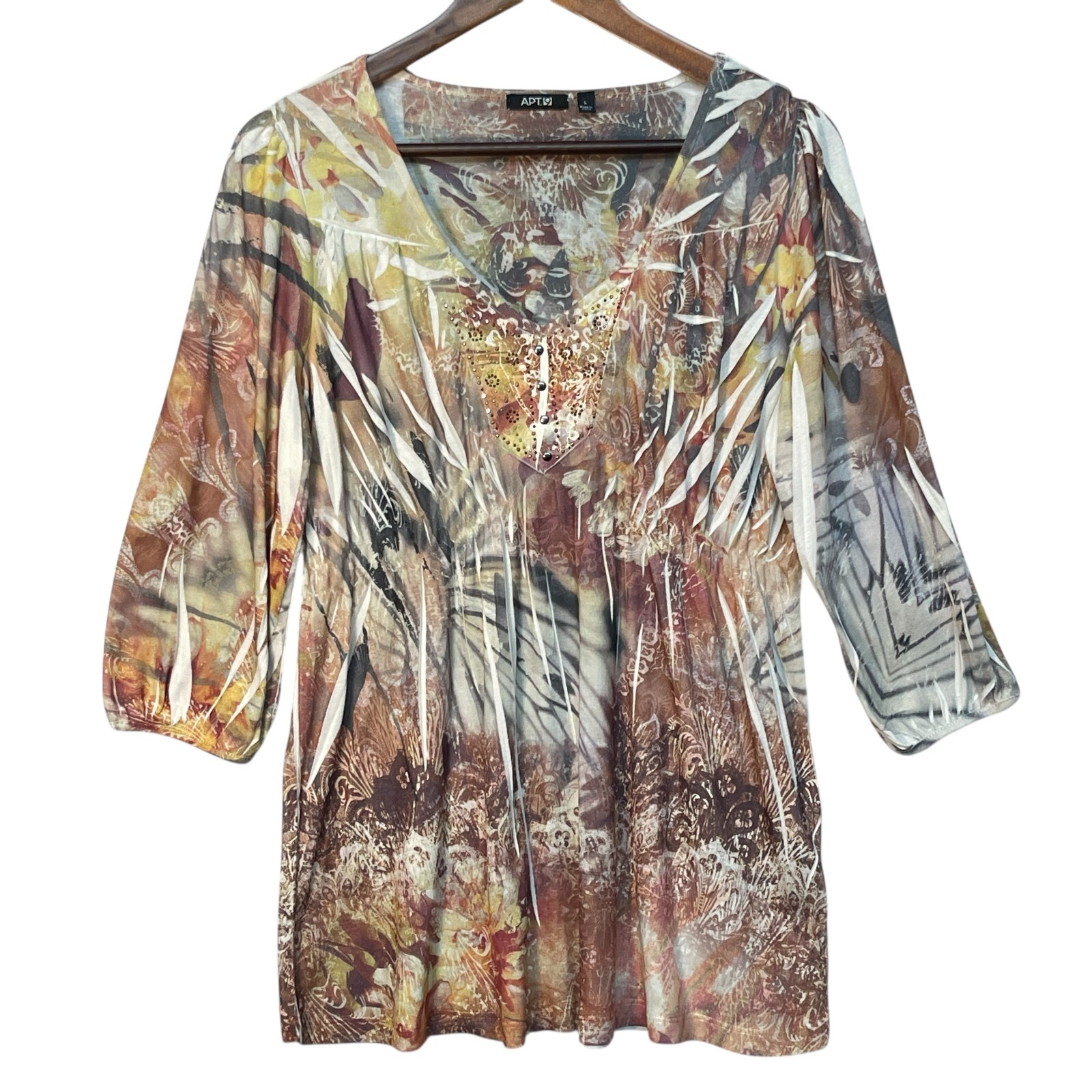 Apt. 9 Blouse Top Women Size L Brown Embellished Tunic Y2K Abstract Studded