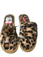 Unionbay Leopard Fuzzy Slides Tan Black Brown 7 New Nwt Women's Slip On Slippers