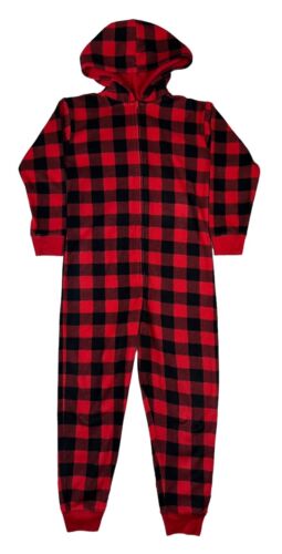 Gap Kids Sleeper Pajama Unisex Size 6 Red & Black Buffalo Plaid Fleece w Hood - Picture 2 of 7