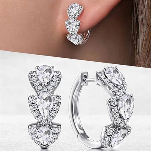 Fashion 925 Silver Filled Hoop Earrings Cubic Zirconia Wedding Jewelry A Pair - Picture 12 of 18
