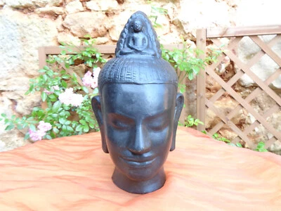 TÊTE DE BOUDDHA EN BRONZE - PATINÉ NOIR - YEUX FERMÉS EN MÉDITATION - CAMBODGE - Photo 1/4