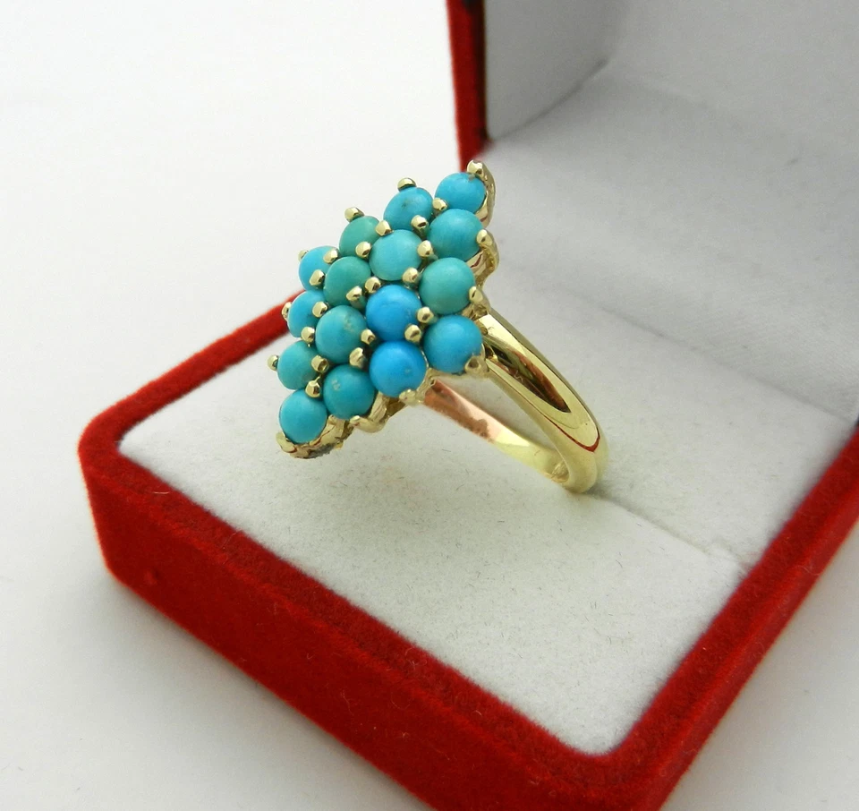Anillo Turquesa Racimo Oro 14k Sólido Dos Tonos 7,6 gramos talla 6,75 Foto 3 de 4