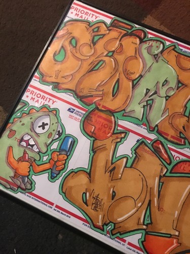 hand painted Sticker Shortiez Ink Graffiti Art Dinosaur Christmas Framed Cartoon - Picture 3 of 3