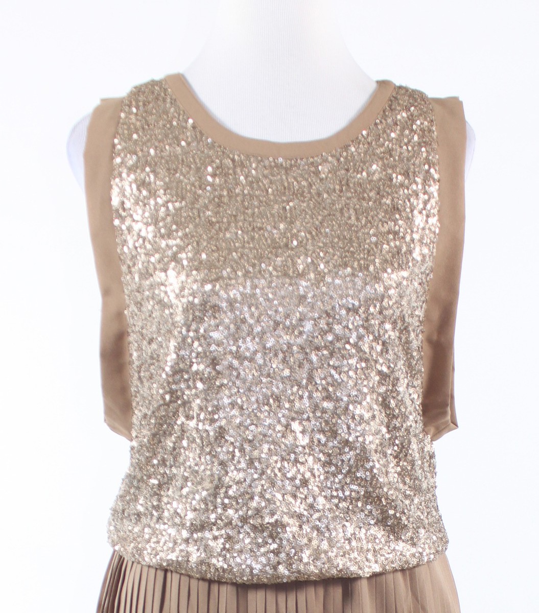 Khaki gold sequin C. LUCE sleeveless blouson dress S | eBay