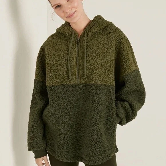 Victoria's Secret PINK Varsity Sherpa Half Zip Pullover Vintage Green Medium NEW