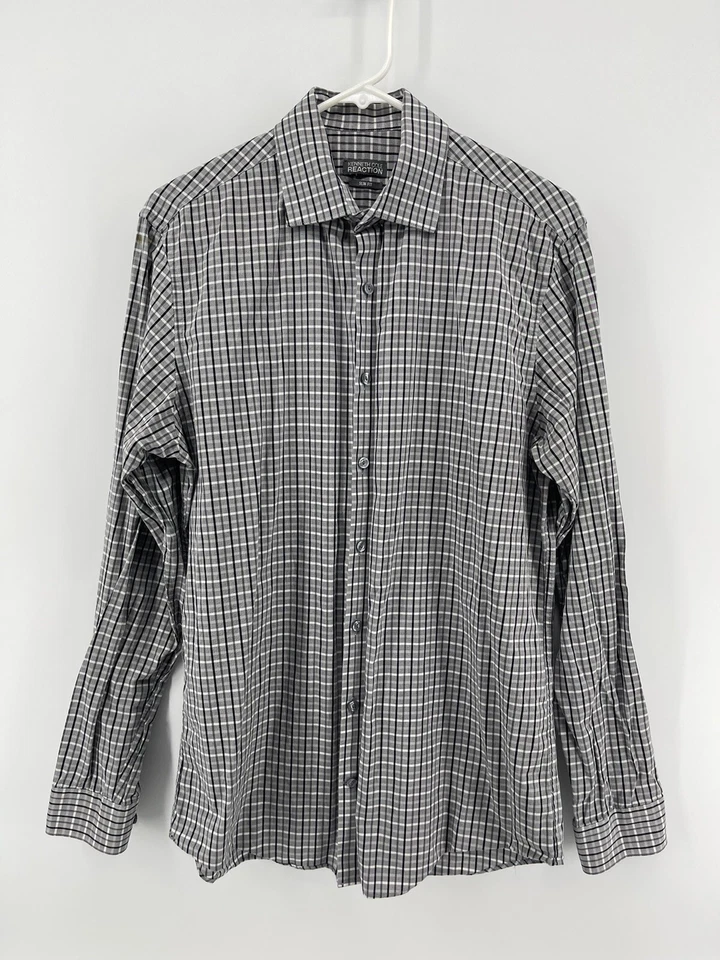 Camisa de vestir Kenneth Cole Reaction ajustada con botones para hombre talla 15,5 34/35 gris negra Foto 2 de 4