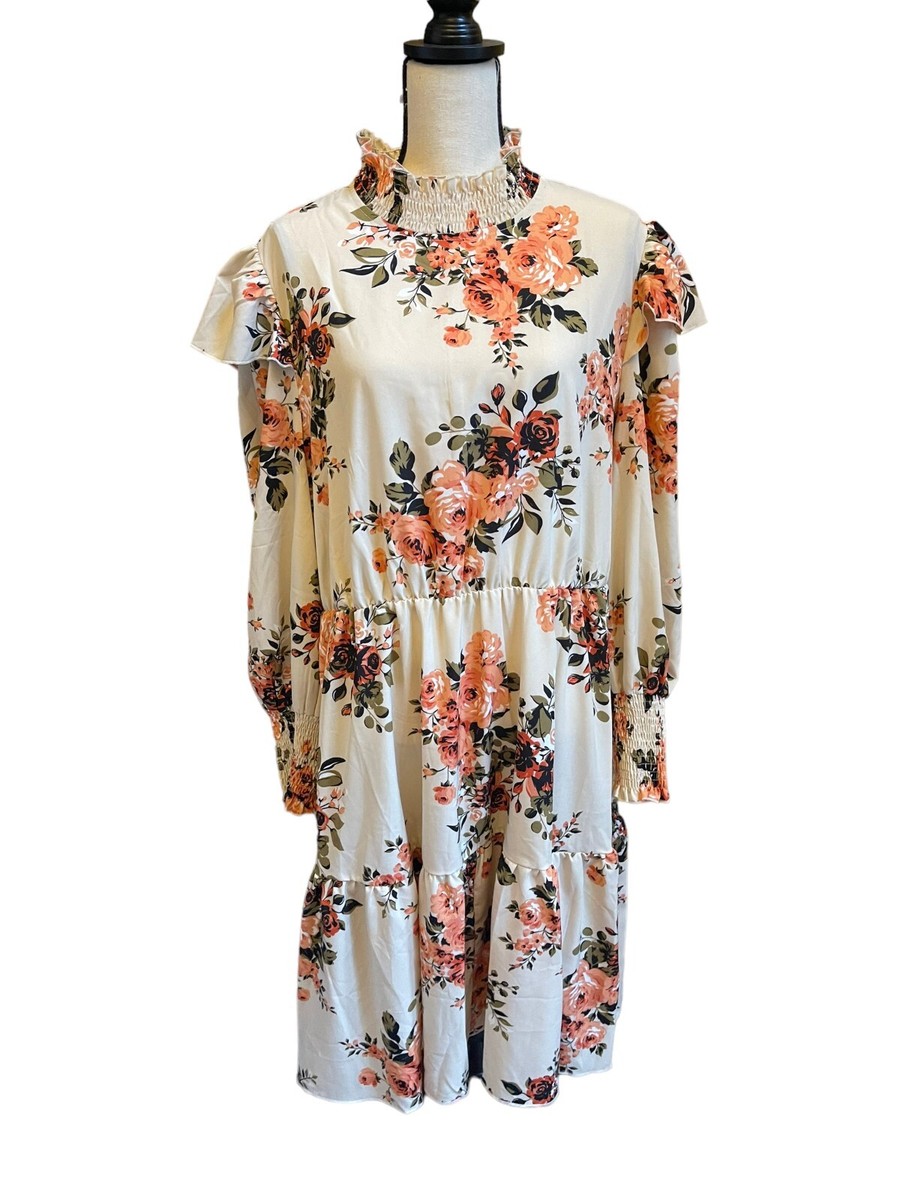 Shein Womens Beige Floral Mock Neck Blouson Peasant Cottagecore Dress Size  2XL | eBay