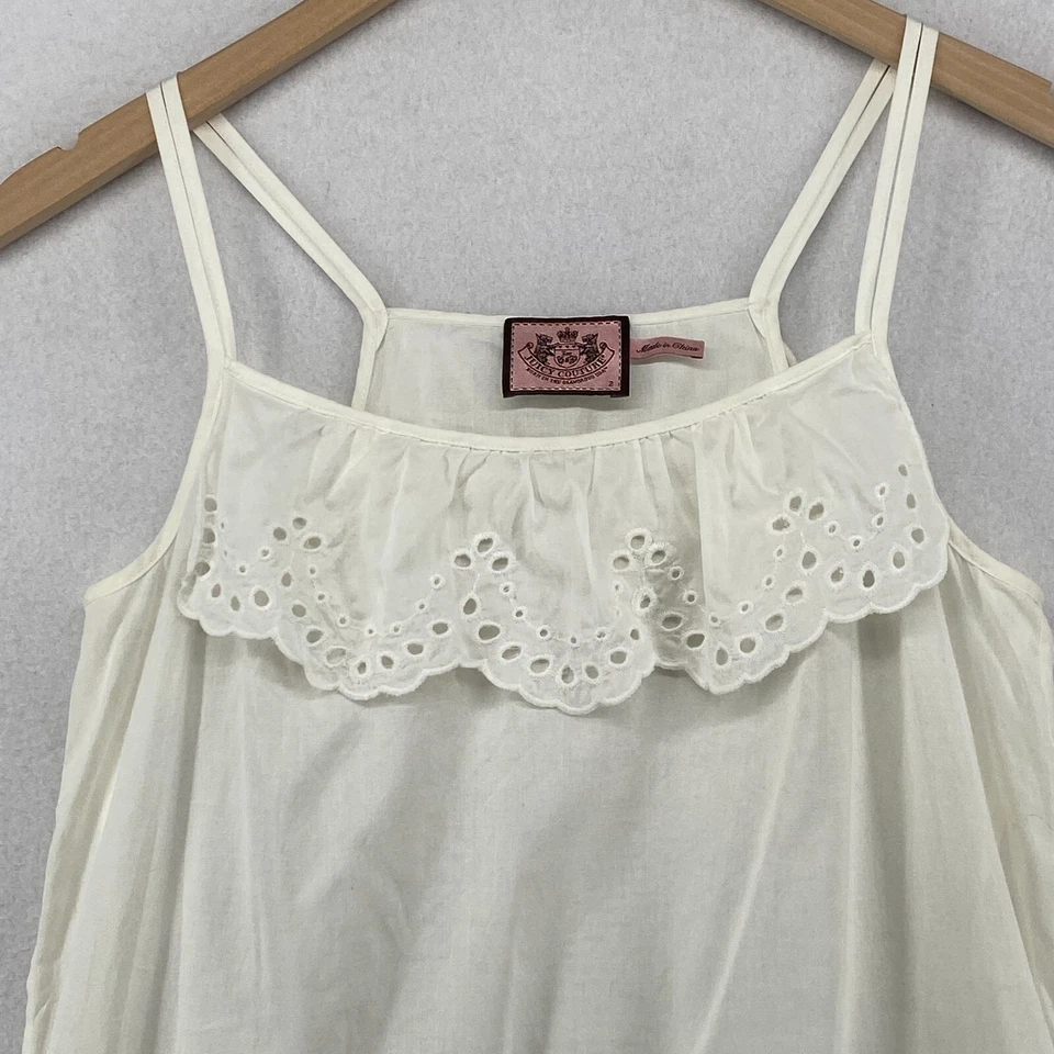 JUICY COUTURE Tank Top 2 Ruffle Eyelet Scallop Spaghetti Strap Cotton Off White - Image 4 of 4