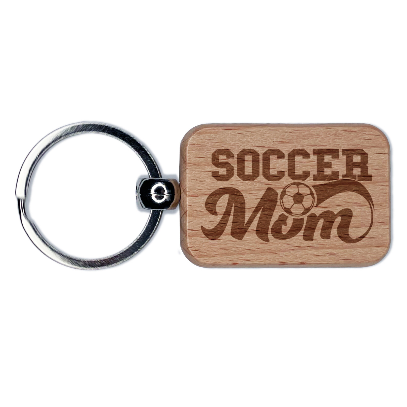 Soccer Mom Engraved Wood Keychain with Ball Charm