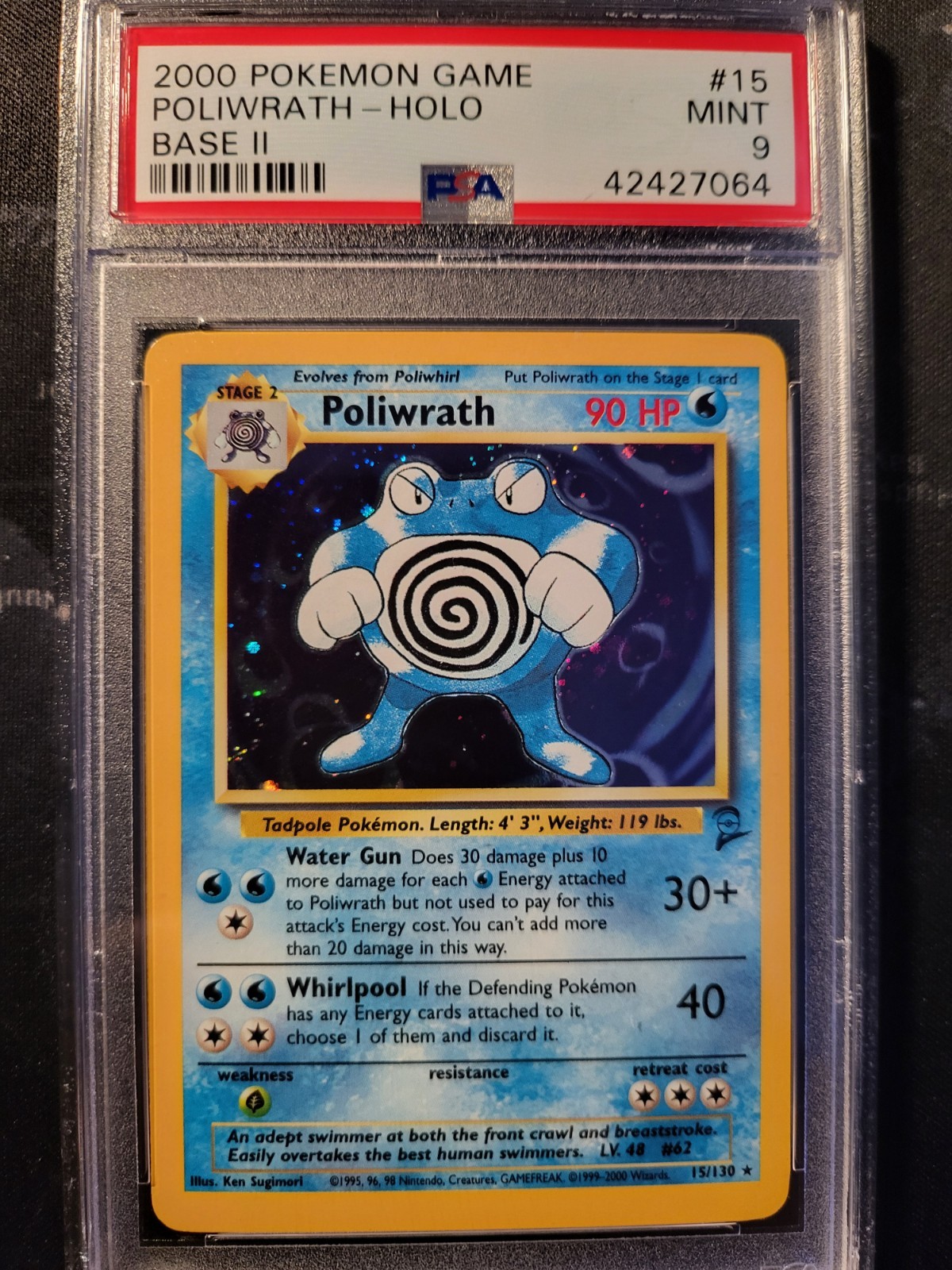 2000 Pokemon Poliwrath 15/130 Base Set 2 Rare Holo PSA 9 MINT SWIRL