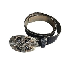 Leatherock Black Leather Studded Belt Ornate Cross Buckle Made in USA Size 34