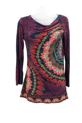 Desigual Long Sleeve Tunic Top Size Large Multicolor Mandala Paisley Print Cowl