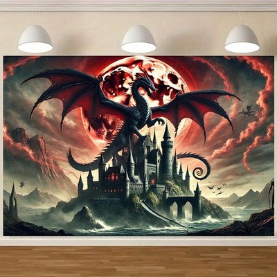 1pc Majestic Black Dragon & Ancient Castle Wall Tapestry - Epic Fantasy Backdrop