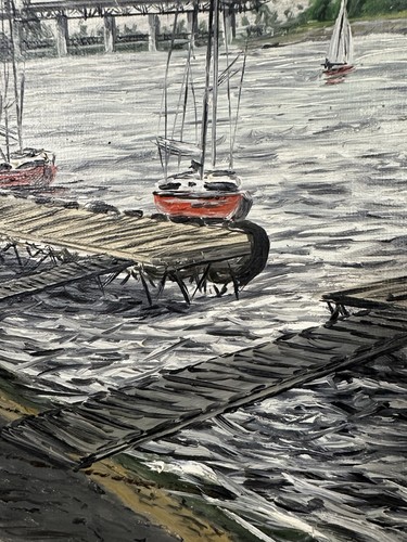 Grande huile sur toile signée : voiliers amarrés au ponton Ecole Française XIXe - Photo 14/15