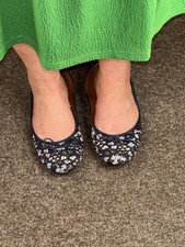 Navy floral ballerina pumps flat slip on shoes used uk size 6