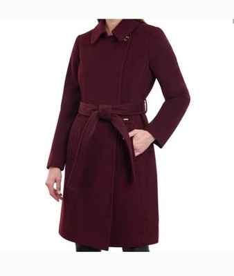 Michael Kors Women's Wool Blend Belted Coat Size Petite L Color Merlot NWT