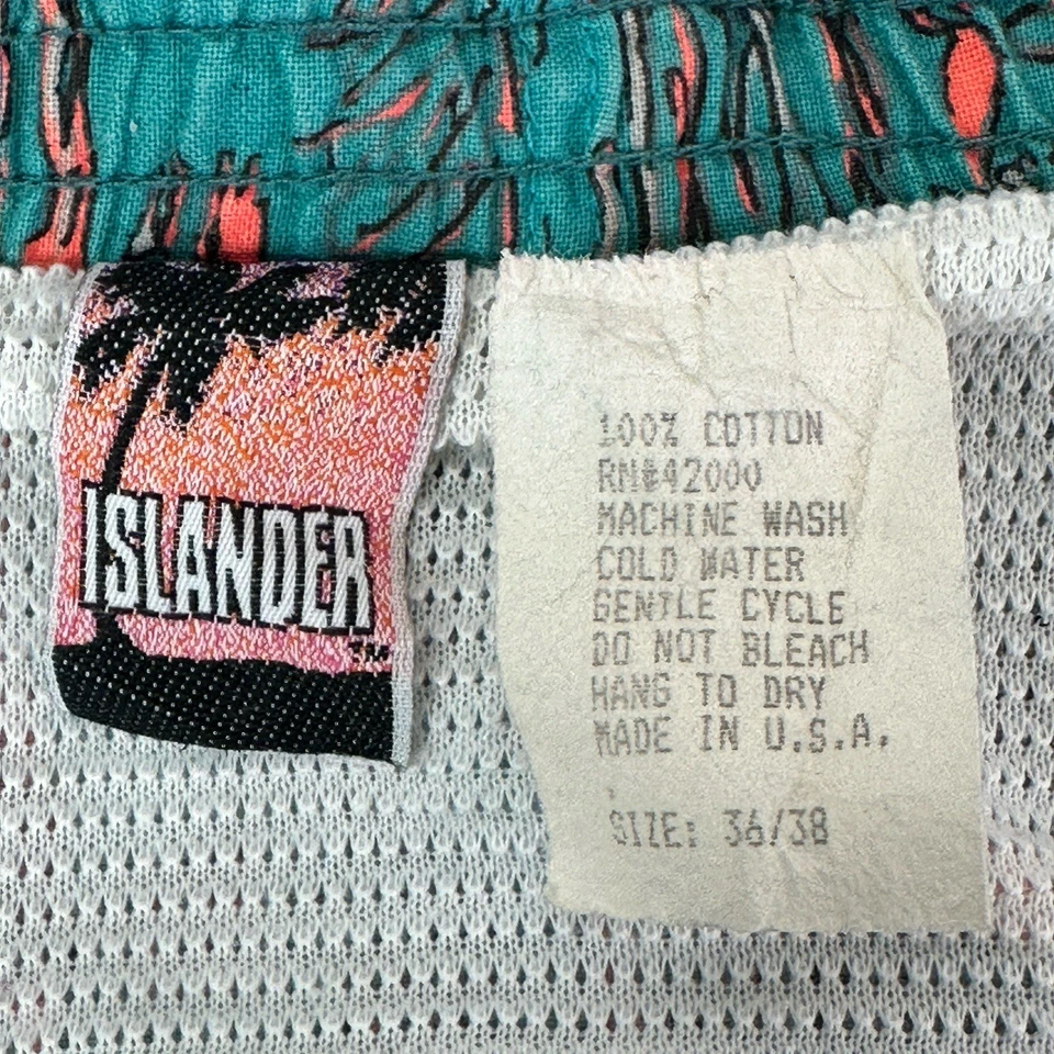 Vintage 80s 90s Islander Men’s Swim Trunks Green Geometric Lined Large 36-38 Vtg - Image 3 of 3