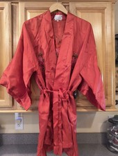 Orangish Red Floral Silk Robe With Tie, Size L Made In China, See Measurements