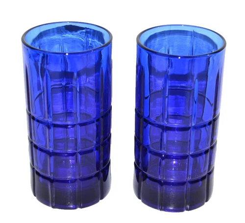Vtg  Anchor Hocking TARTAN cobalt Blue 6" Iced Tea Tumblers Glasses 16oz 2pc