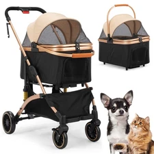 3-in-1 Foldable 4-Wheel Pet Stroller, Luxury Dog Carrier with Basket, Cup Holder
