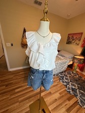 Banana Republic Women's White Sleeveless Ruffle Front Button-Down Blouse