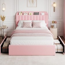 Queen/Full/Twin Size Bed Frame ,Headboard Platform Bed Frame Pink w/Drawers Pink