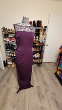 Eliza J plum long gown scrunch to side rhinestone mesh accent to neck e euc