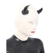 Unisex Latex Hood Mesh Eyes with Horn Rubber Mask Cosplay Fetish Clubwear