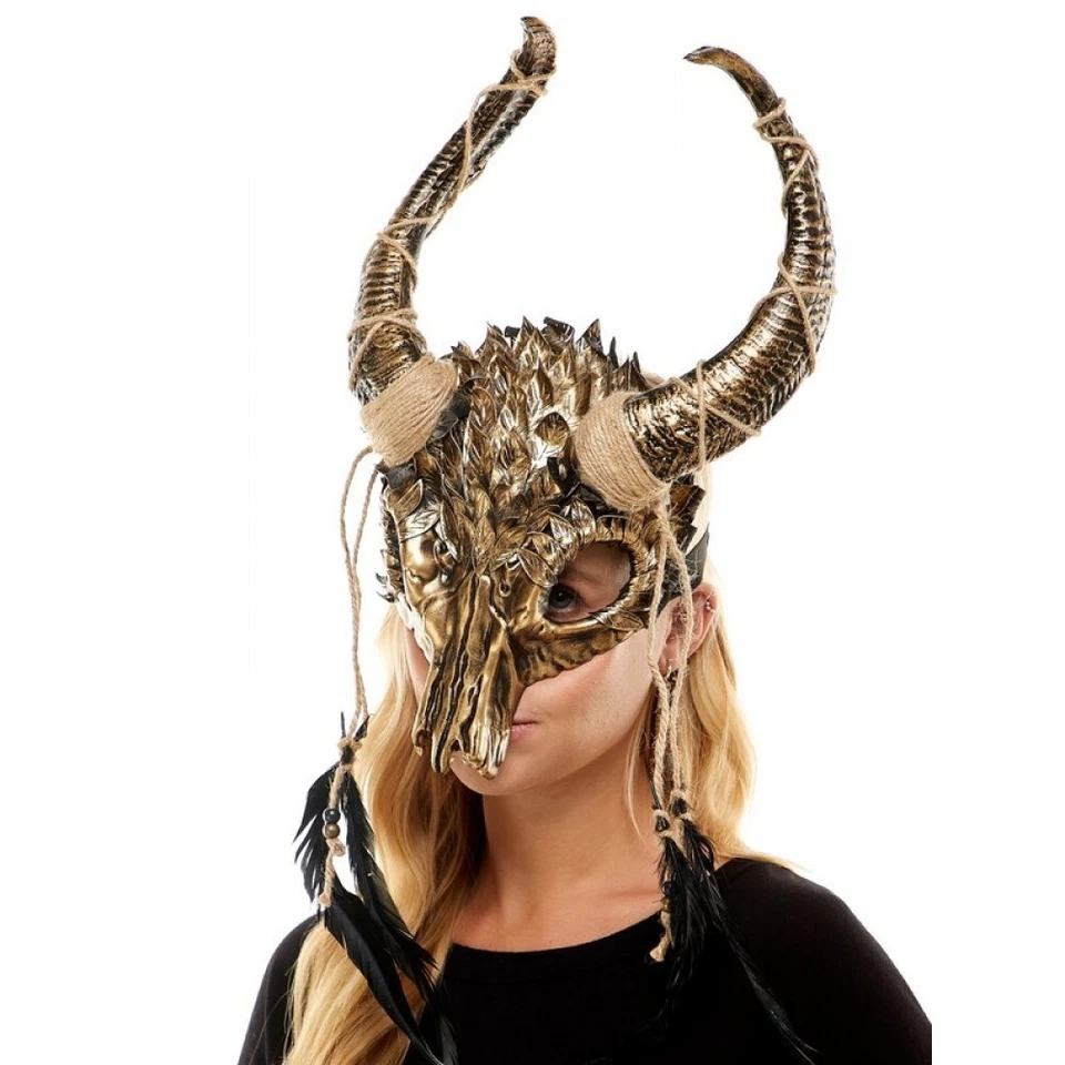Unisex Ancestral Horned Animal Skull Voodoo Headdress Masquerade Mask [Gold] - Image 2 of 3