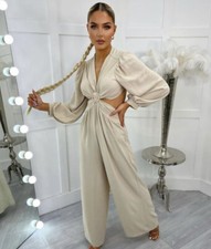 Stone/ Nude/ Beige Balloon Sleeved Cut Out Backless Jumpsuit Size 8
