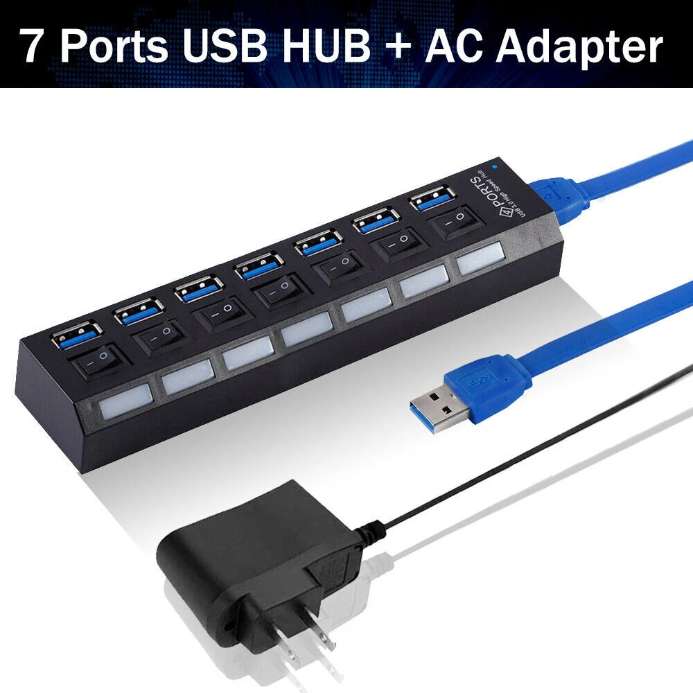 7-Port USB 3.0 Hub with Power Adapter & On/Off Switch for PC Laptop Mac