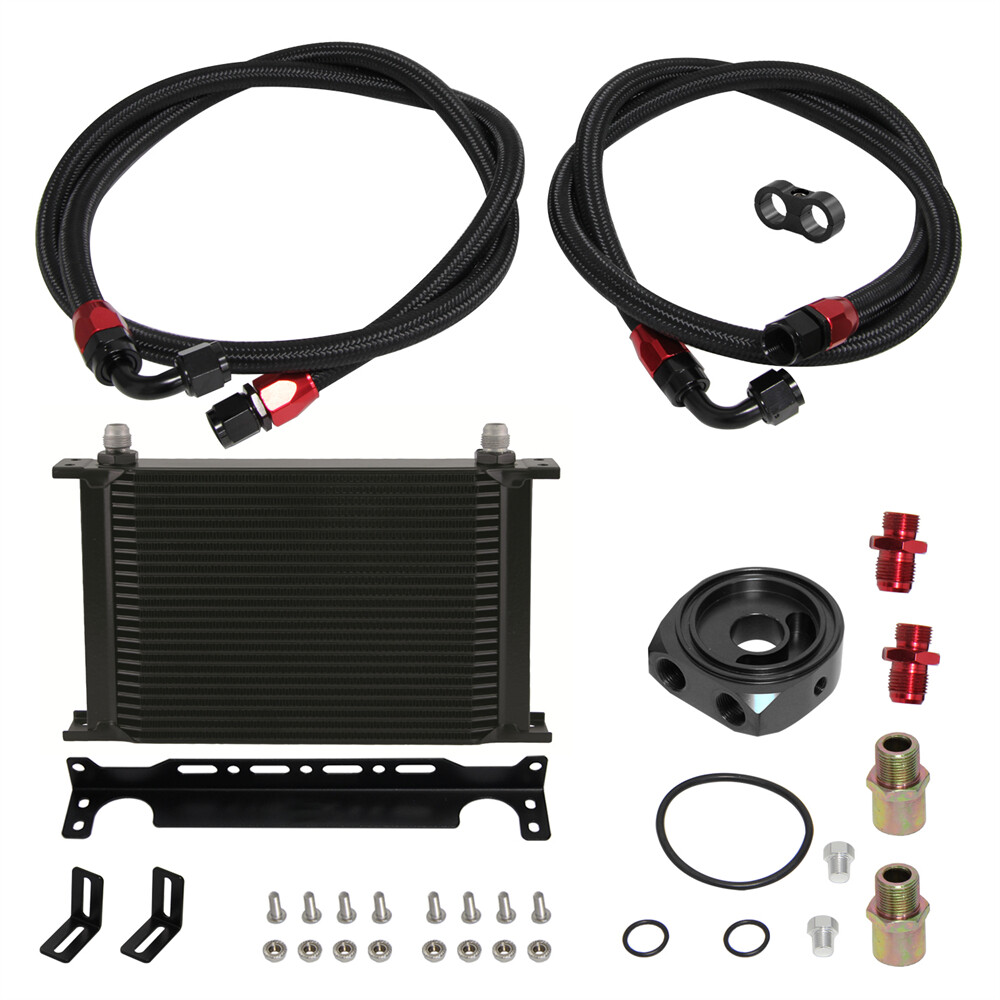 8AN 25 Row Universal Engine Oil Cooler +Oil Filter Sandwich Adapter +Nylon Hoses eBay