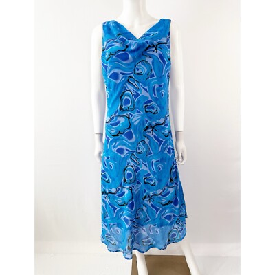 Mlle Gabrielle Blue Print Mesh Maxi Dress Size 14 V-Neck Sleeveless Y2K Vintage