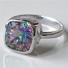 Vintage 925 Silver Rainbow Mystic Topaz Ring Square Gemstone Colorful