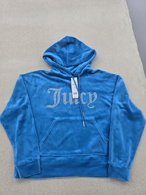 Juicy Couture Icons Velour Womens Pullover Hoodie M Regal Blue Y2K Rhinestones