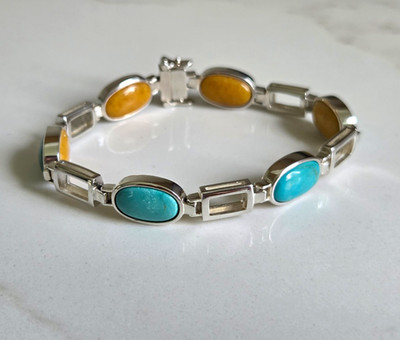 Jay King DTR Sterling Silver  Turquoise Butterscotch Amber Link Bracelet