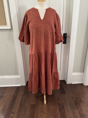 Roller Rabbit Cotton Terra Cotta Eyelet Midi Dress in Burnt Orange size Lg