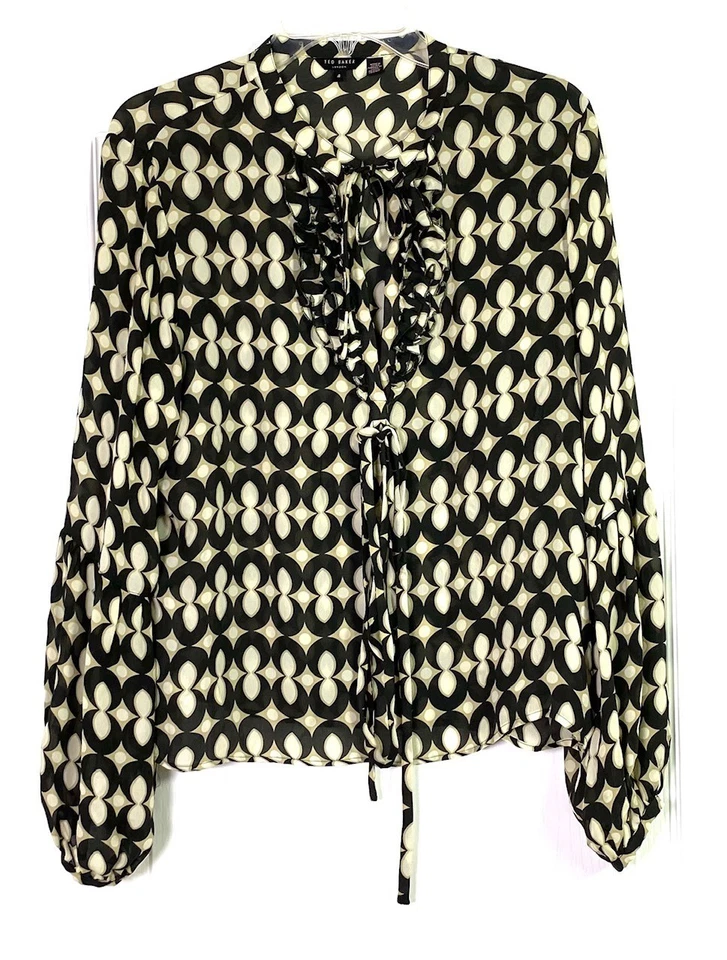 Blusa TED BAKER London Mod estampa seda babado manga bispo amarrar cintura 4 = 10 EUA - Imagem 2 de 4