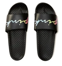 Victoria's Secret Pink Script Ombre Rainbow Logo Slides Sandal Black NWT