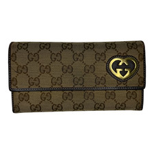 Gucci Women GG Monogram Front Flap Brown Canvas Heart Continental Wallet EUC 
