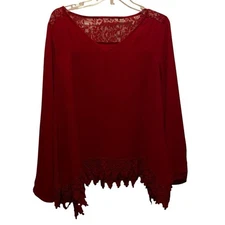 Bright Red Long Sleeve Lightweight Blouse Lace Trimmed Asymmetrical note!VGUC
