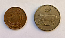 1970 Eire (Ireland) 5p Five Pence Coin featuring a Bull and Harp + 1990 Eire 1p