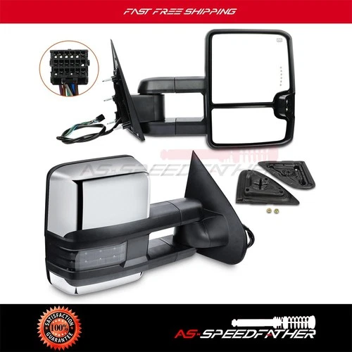 For 14-18 Chevy Silverado GMC Sierra Towing Power Heated Signal Chrome Mirrors