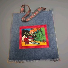 Handmade Denim Blue Jeans Tote Bag Metal Button Closure