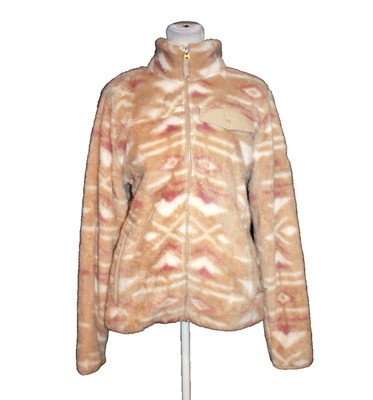 Gerry Plush Pile Fuzzy Furry Jacket Women's Size Medium M Ivory Tan Magenta