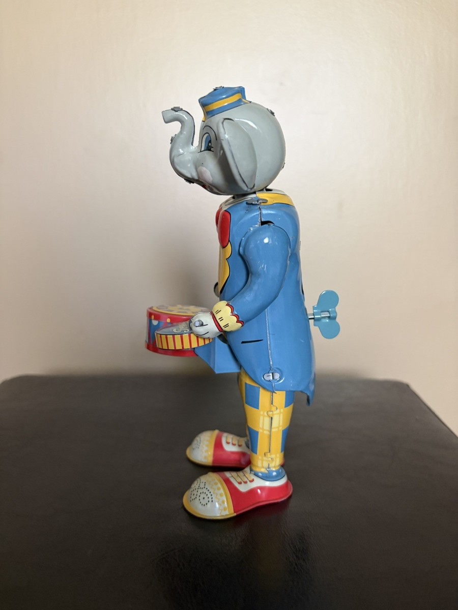 Vintage retro doll litho tin. elephant drummer circus Japanese tin