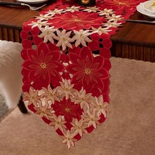Christmas Embroidered Table Runner 14 x 59 Inch, Cutwork Red Gold Poinsettia ...