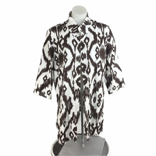 Chicos Brown White ikat printed jacket Linen Open Front Size 2 Large